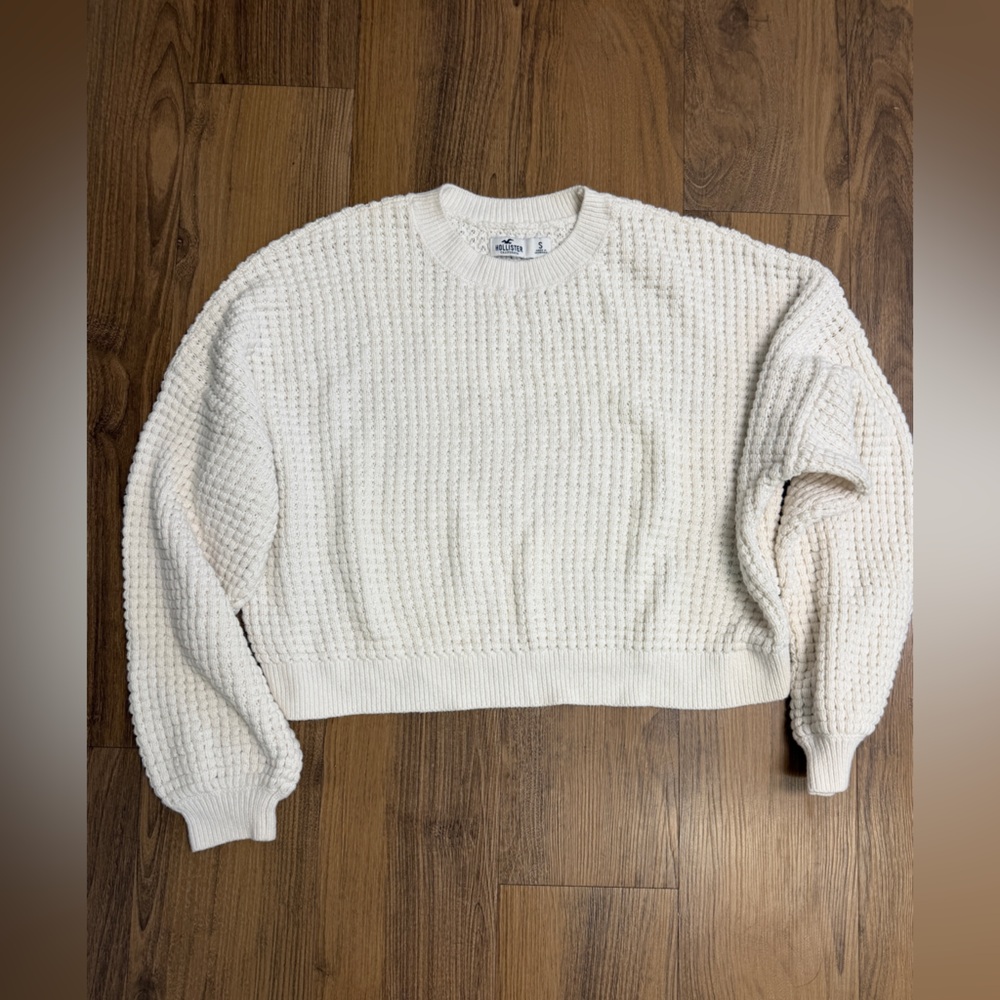 Hollister Cropped White Knit Long Sleeve Sweater Chunky Neutral Waffle